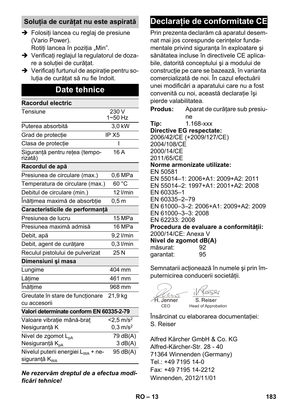 Date tehnice, Declaraţie de conformitate ce | Karcher K 7 Premium eco!ogic Home User Manual | Page 183 / 264