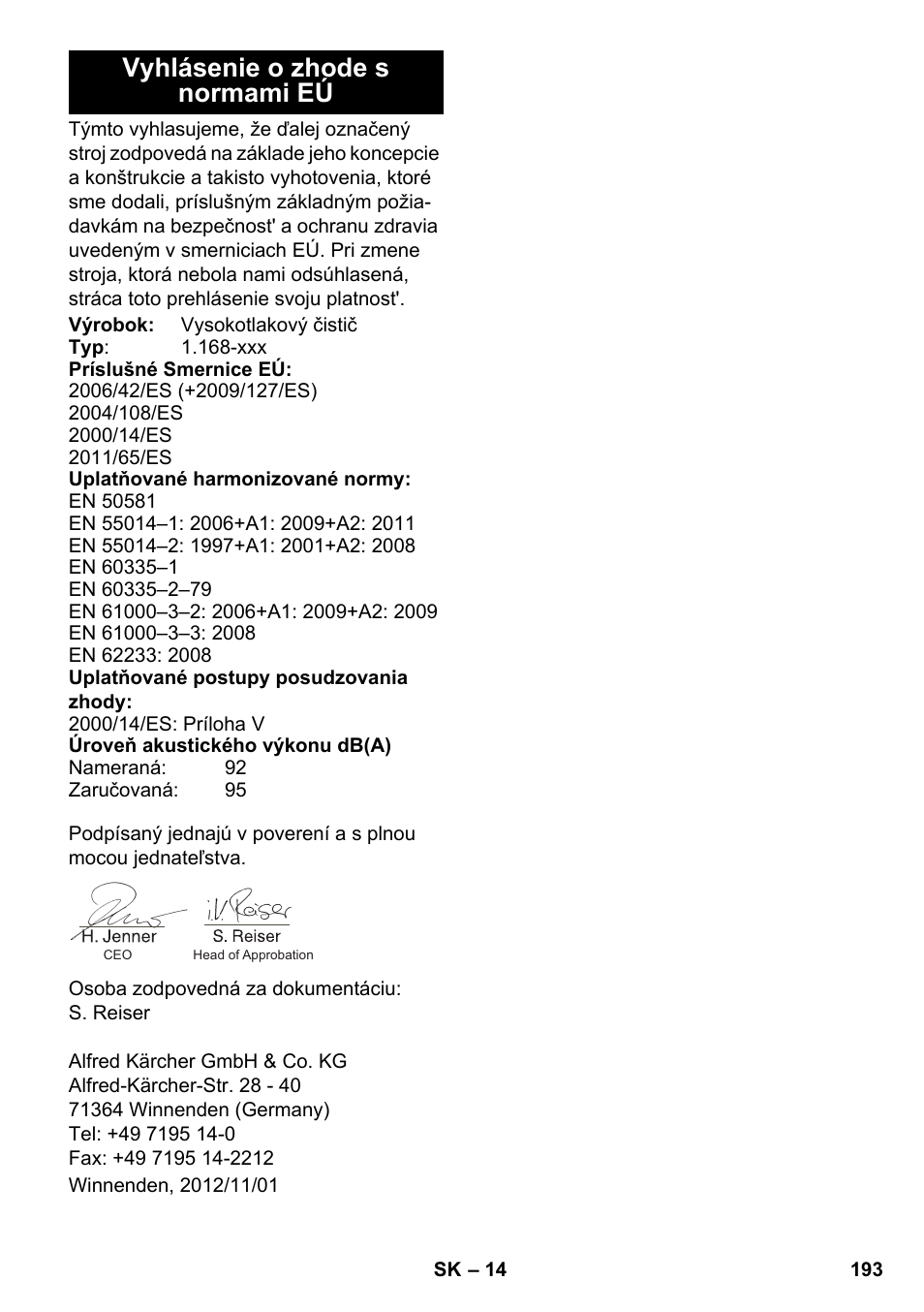 Vyhlásenie o zhode s normami eú | Karcher K 7 Premium eco!ogic Home User Manual | Page 193 / 264