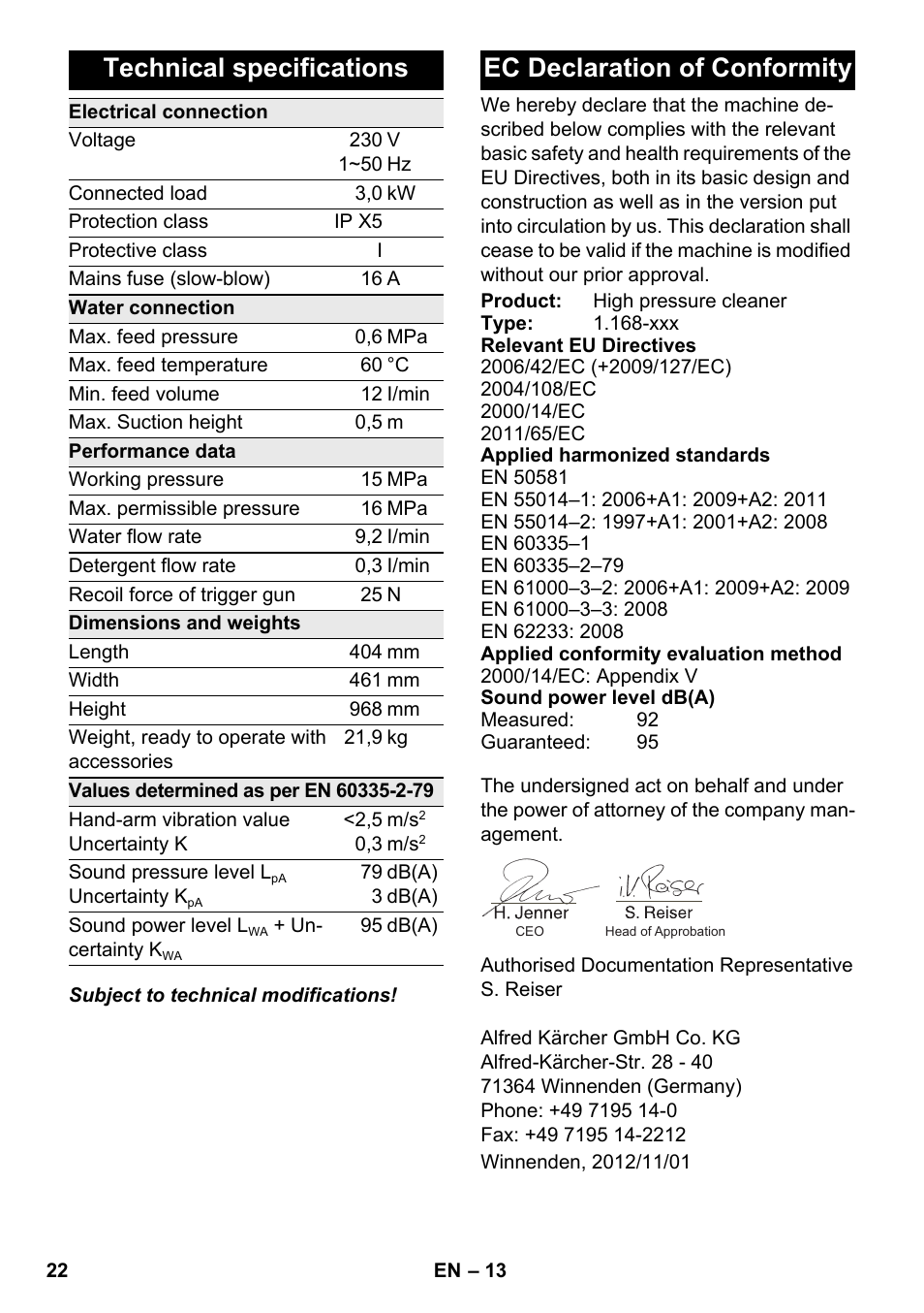 Technical specifications, Ec declaration of conformity | Karcher K 7 Premium eco!ogic Home User Manual | Page 22 / 264