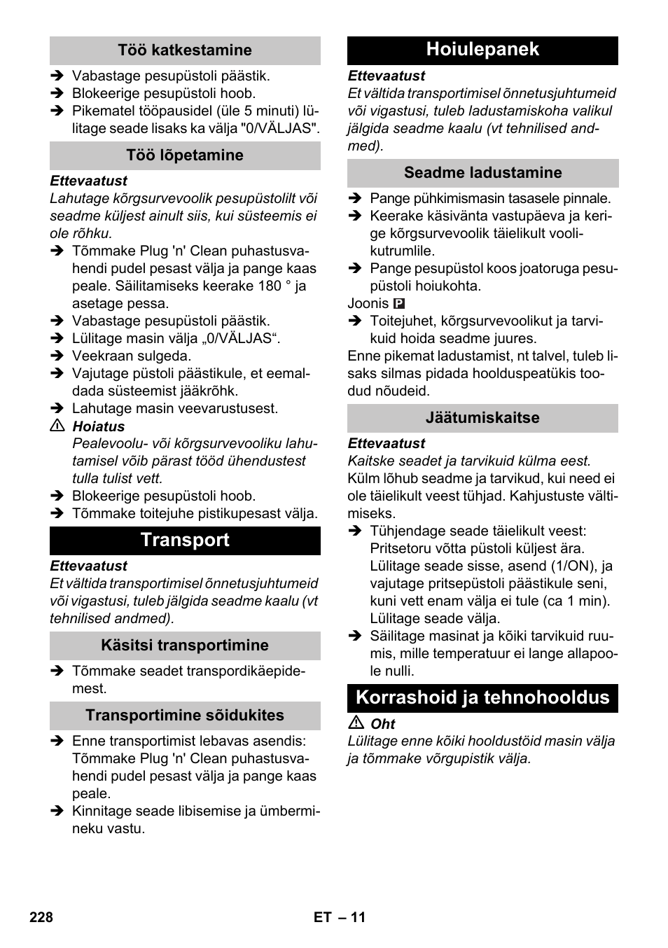 Transport, Hoiulepanek, Korrashoid ja tehnohooldus | Karcher K 7 Premium eco!ogic Home User Manual | Page 228 / 264