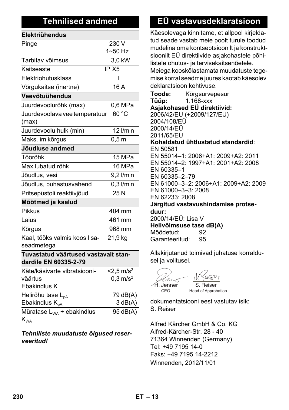 Tehnilised andmed, Eü vastavusdeklaratsioon | Karcher K 7 Premium eco!ogic Home User Manual | Page 230 / 264