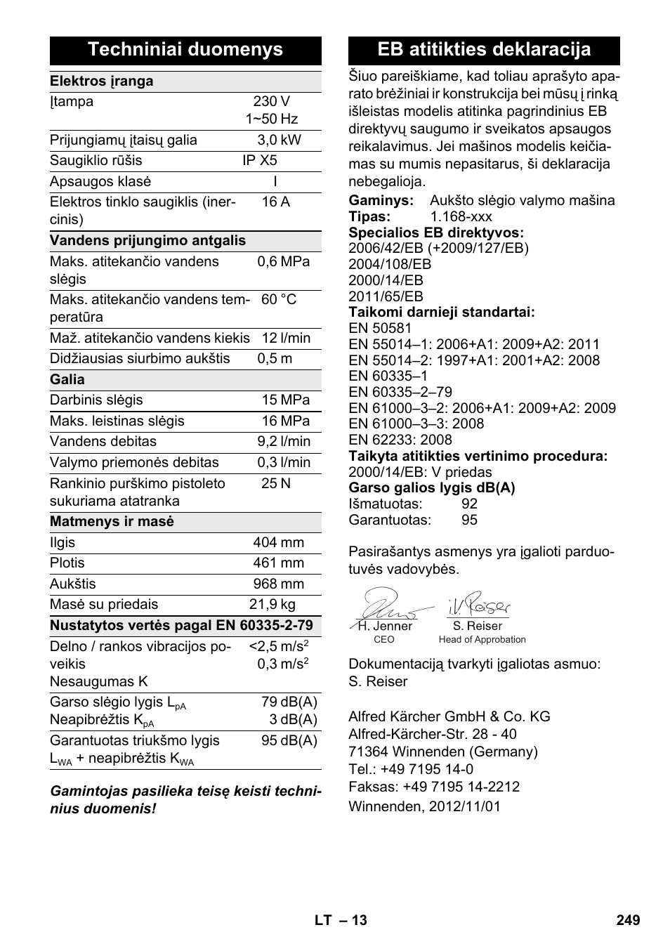 Techniniai duomenys, Eb atitikties deklaracija | Karcher K 7 Premium eco!ogic Home User Manual | Page 249 / 264