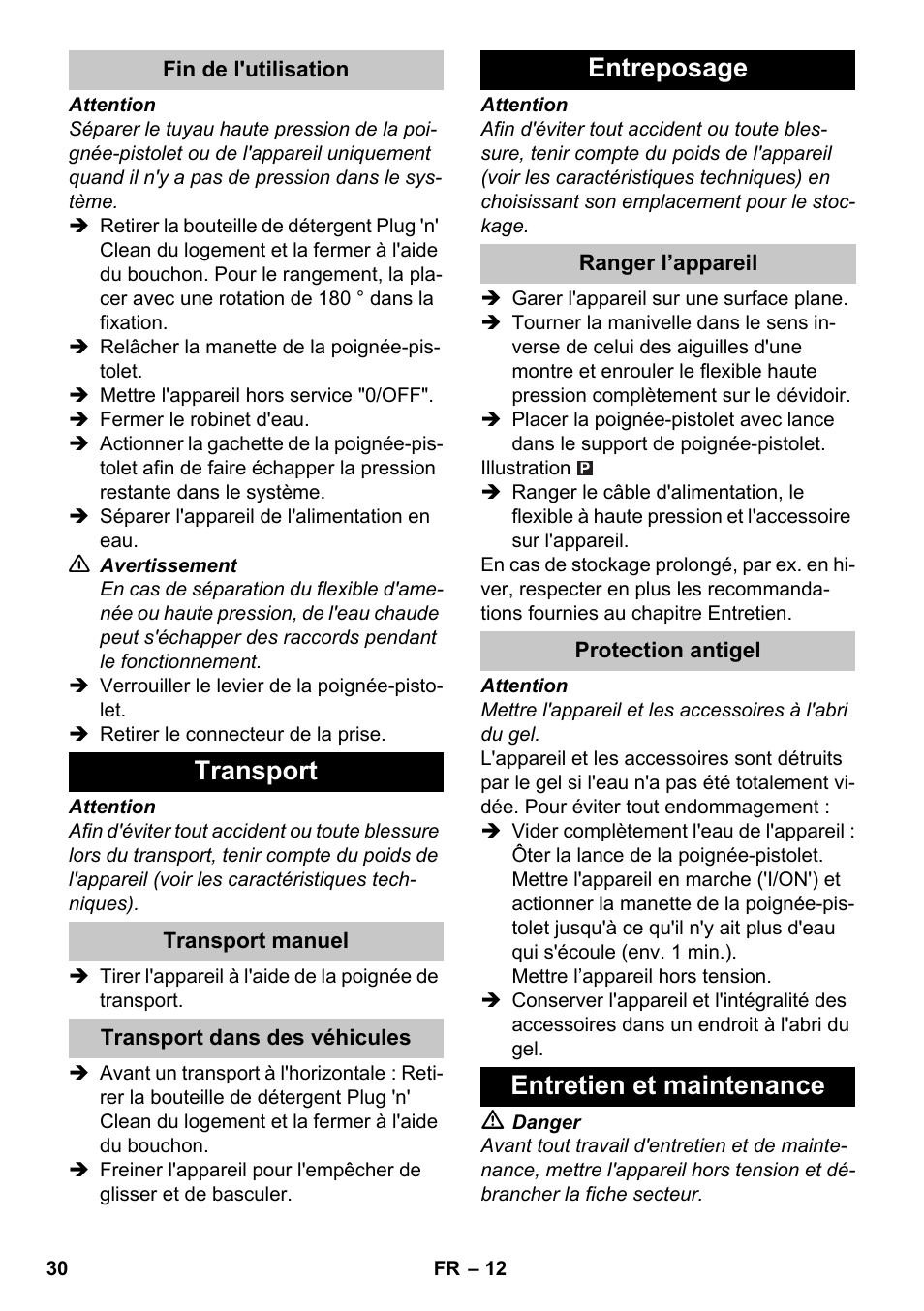 Transport, Entreposage, Entretien et maintenance | Karcher K 7 Premium eco!ogic Home User Manual | Page 30 / 264