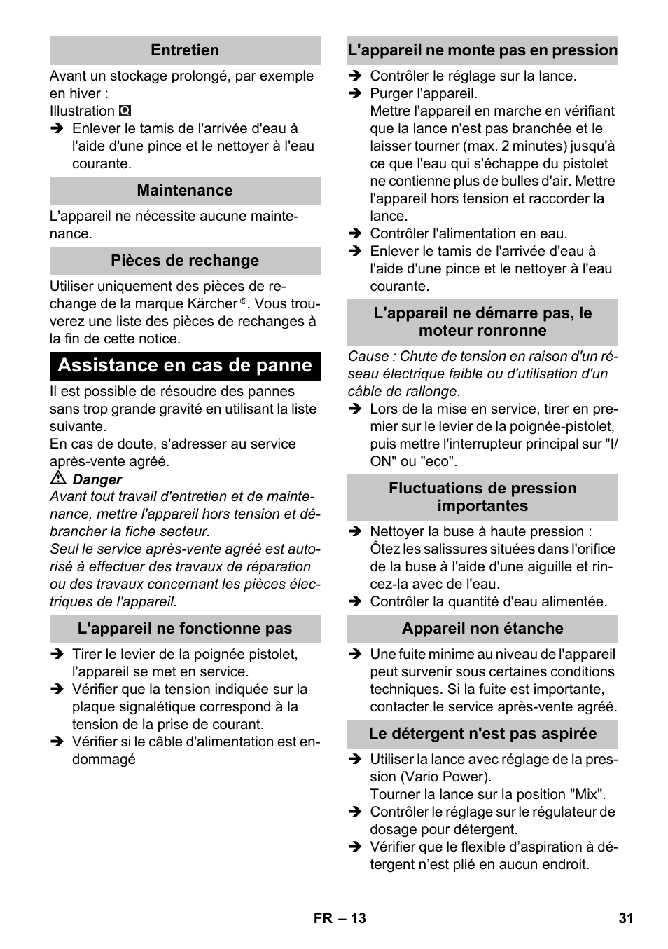 Assistance en cas de panne | Karcher K 7 Premium eco!ogic Home User Manual | Page 31 / 264