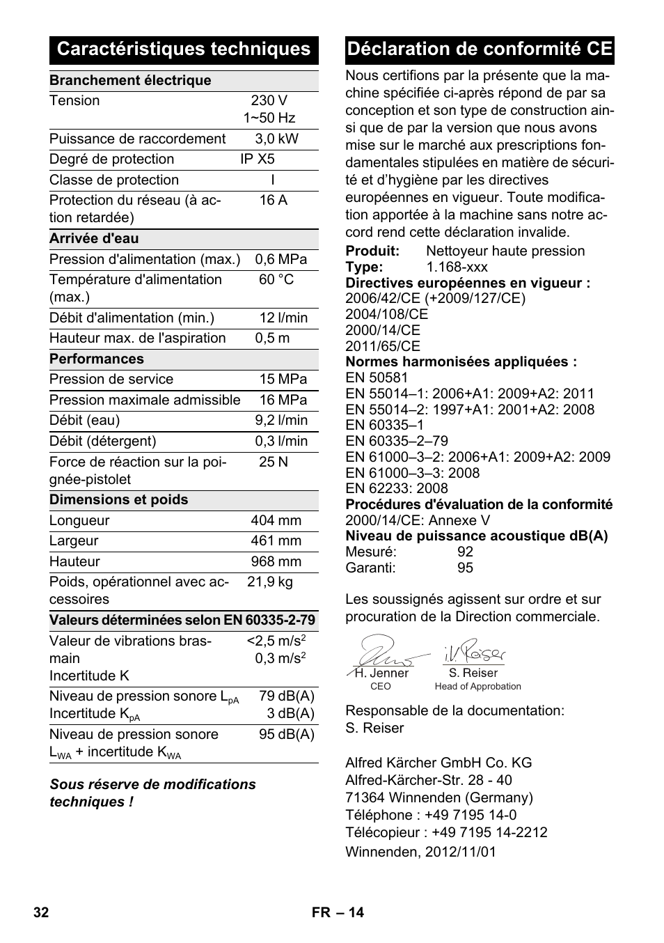 Caractéristiques techniques, Déclaration de conformité ce | Karcher K 7 Premium eco!ogic Home User Manual | Page 32 / 264