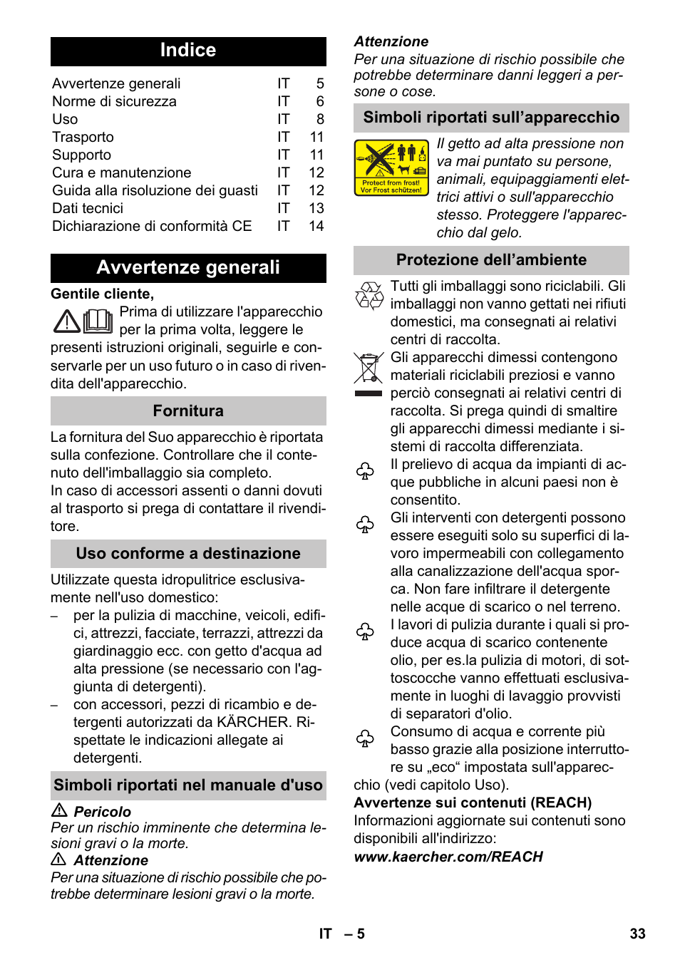 Italiano, Indice, Avvertenze generali | Karcher K 7 Premium eco!ogic Home User Manual | Page 33 / 264