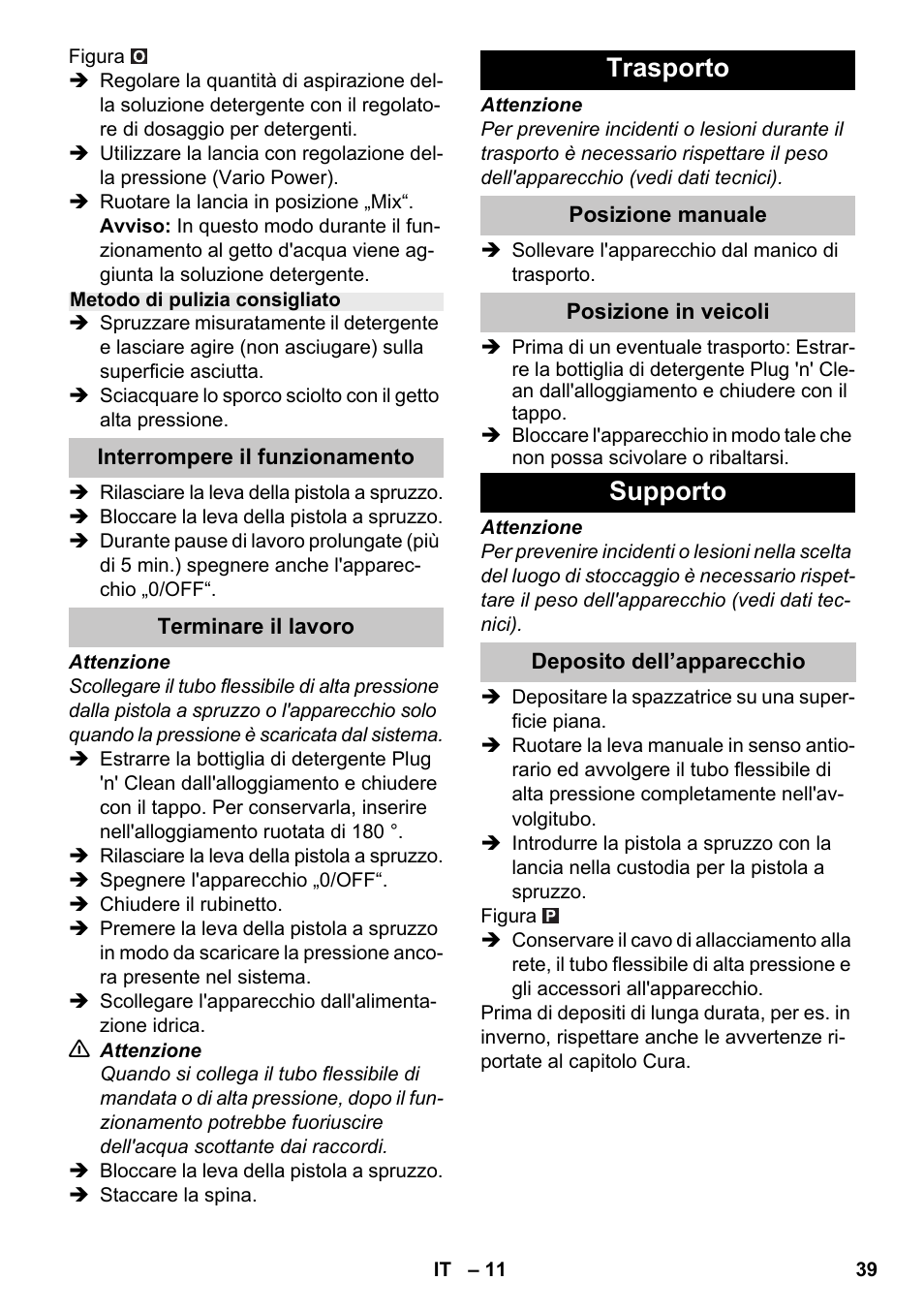 Trasporto, Supporto | Karcher K 7 Premium eco!ogic Home User Manual | Page 39 / 264