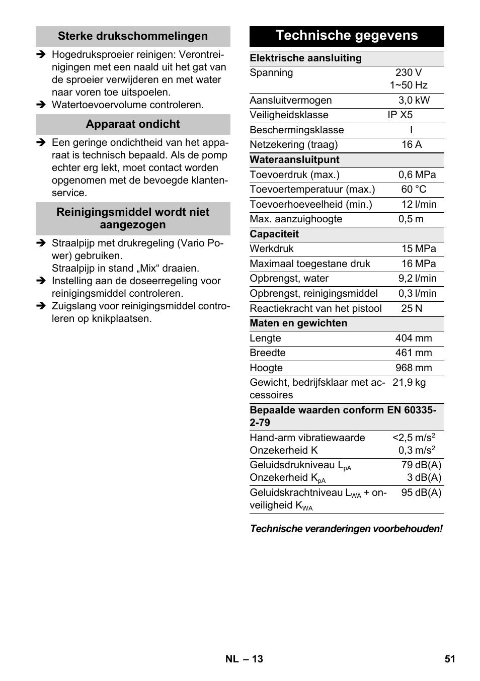 Technische gegevens | Karcher K 7 Premium eco!ogic Home User Manual | Page 51 / 264