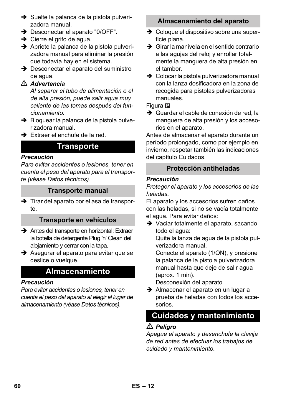 Transporte, Almacenamiento, Cuidados y mantenimiento | Karcher K 7 Premium eco!ogic Home User Manual | Page 60 / 264