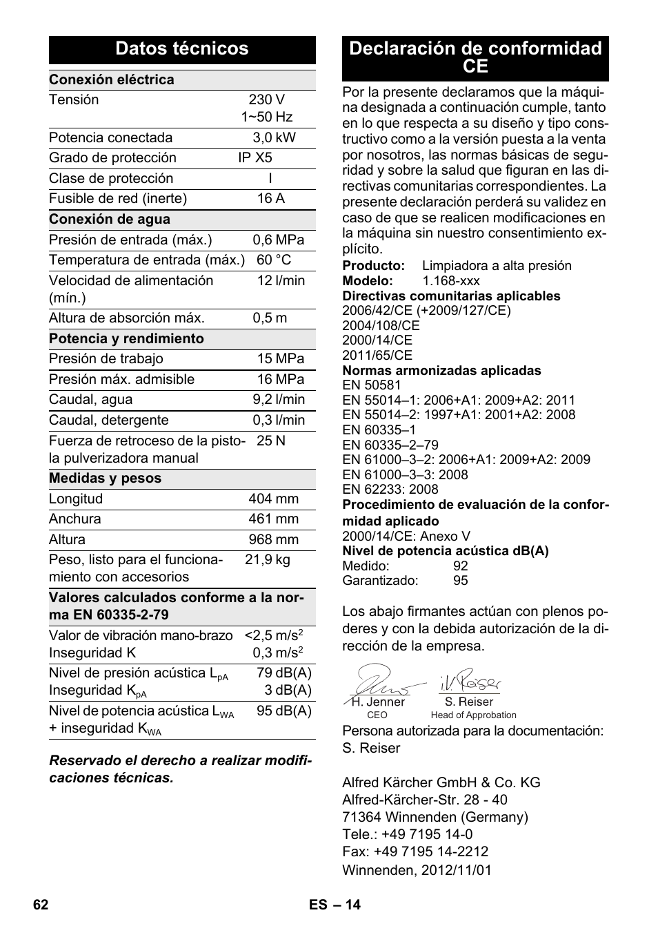 Datos técnicos, Declaración de conformidad ce | Karcher K 7 Premium eco!ogic Home User Manual | Page 62 / 264