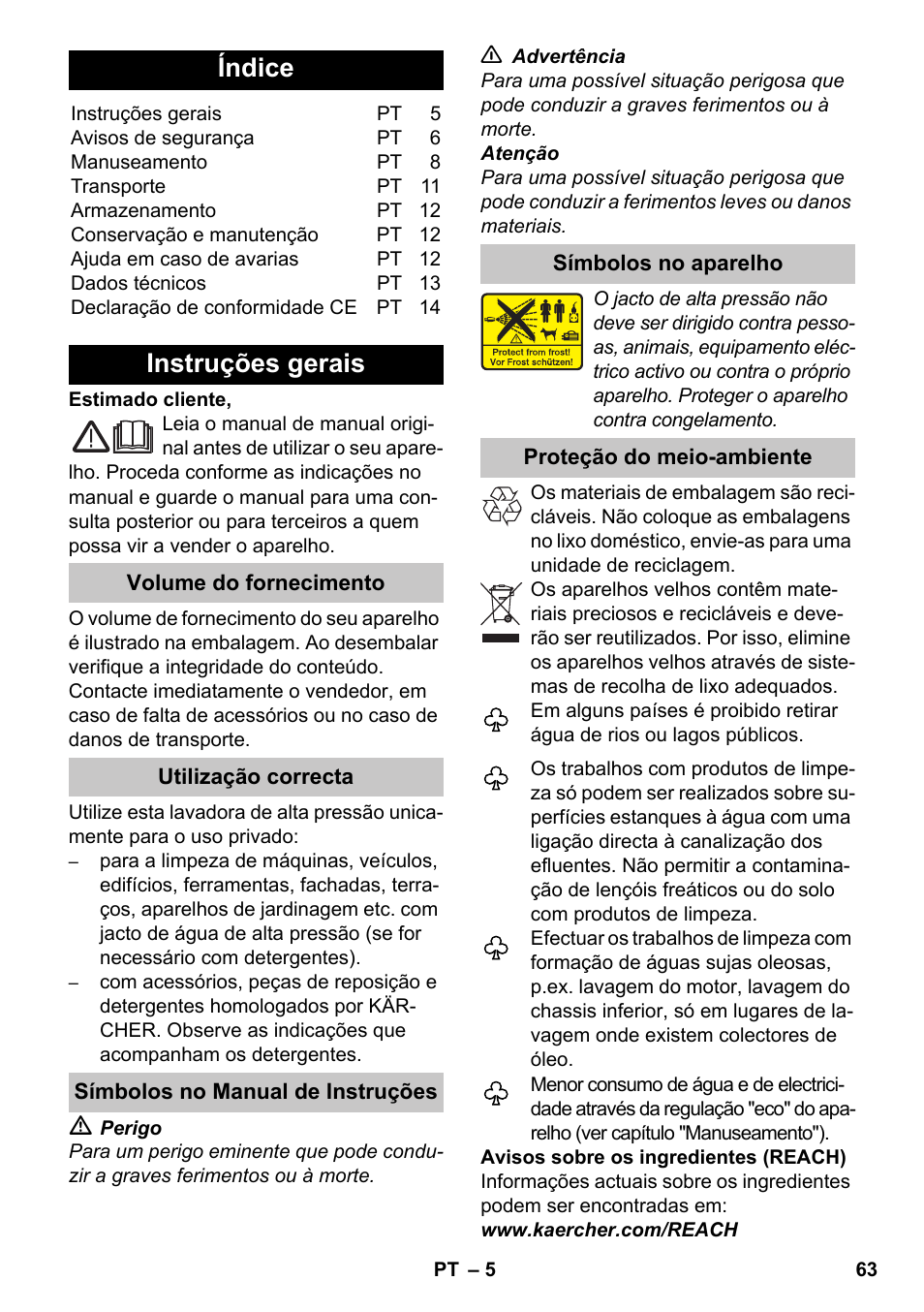 Português, Índice, Instruções gerais | Karcher K 7 Premium eco!ogic Home User Manual | Page 63 / 264