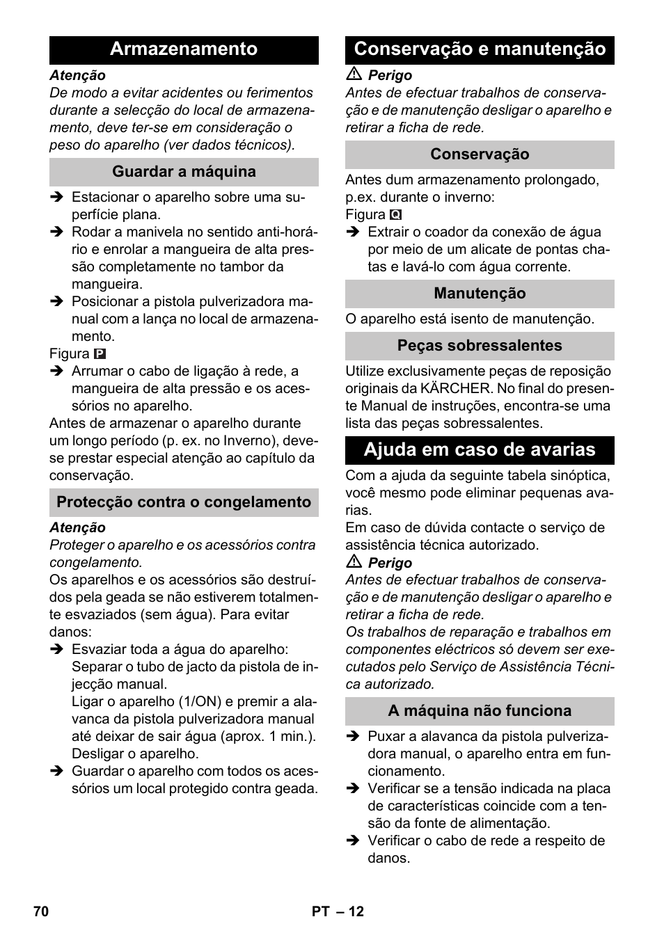 Armazenamento, Conservação e manutenção, Ajuda em caso de avarias | Karcher K 7 Premium eco!ogic Home User Manual | Page 70 / 264