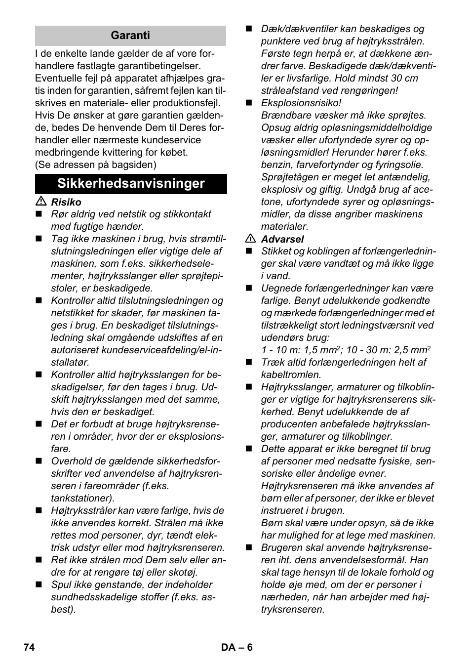 Sikkerhedsanvisninger | Karcher K 7 Premium eco!ogic Home User Manual | Page 74 / 264