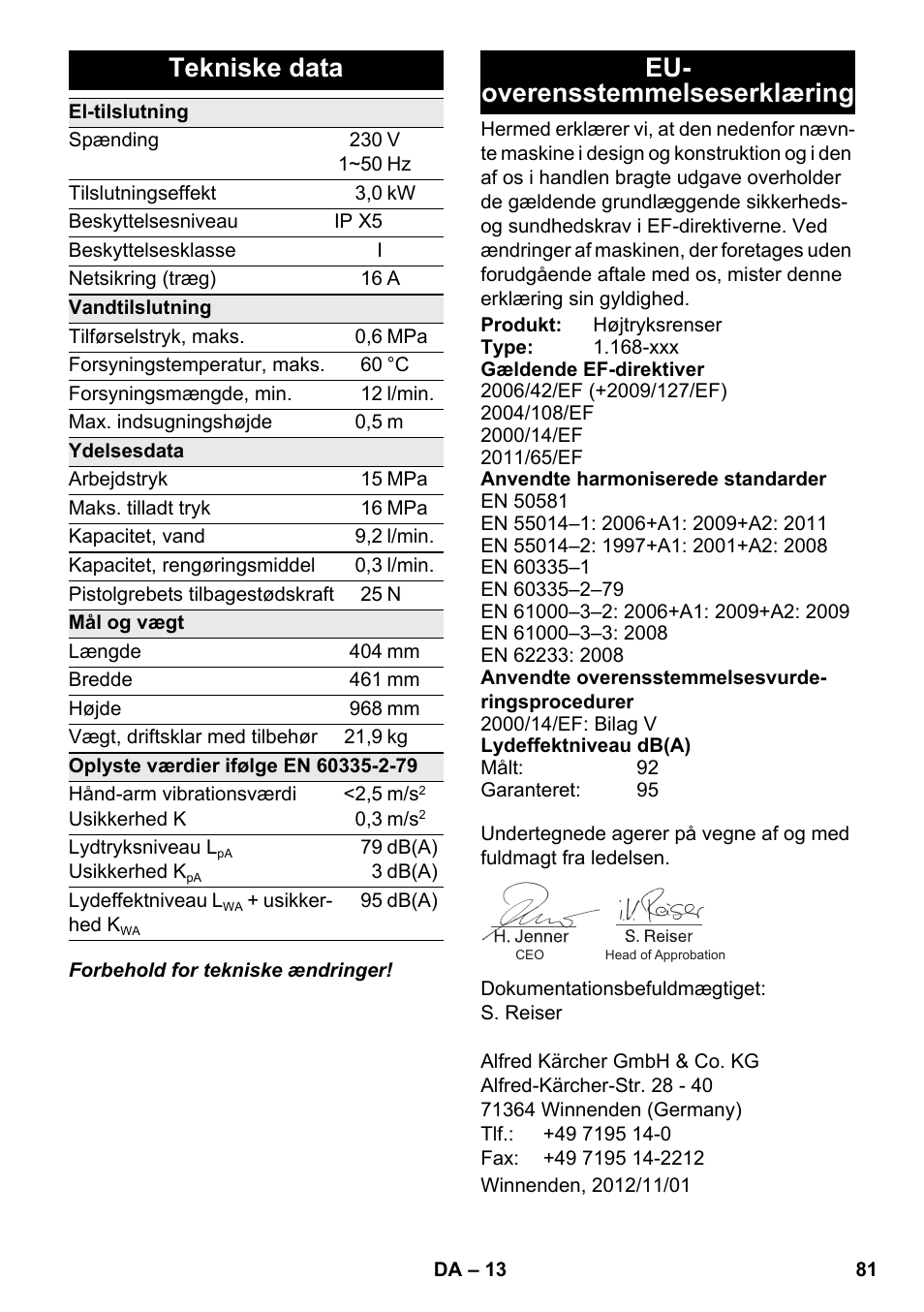 Tekniske data, Eu- overensstemmelseserklæring | Karcher K 7 Premium eco!ogic Home User Manual | Page 81 / 264