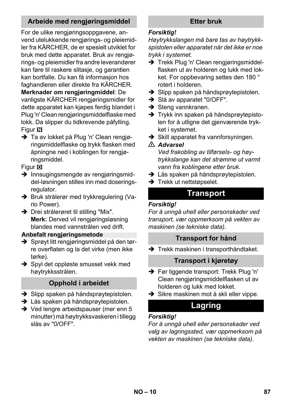 Transport, Lagring | Karcher K 7 Premium eco!ogic Home User Manual | Page 87 / 264