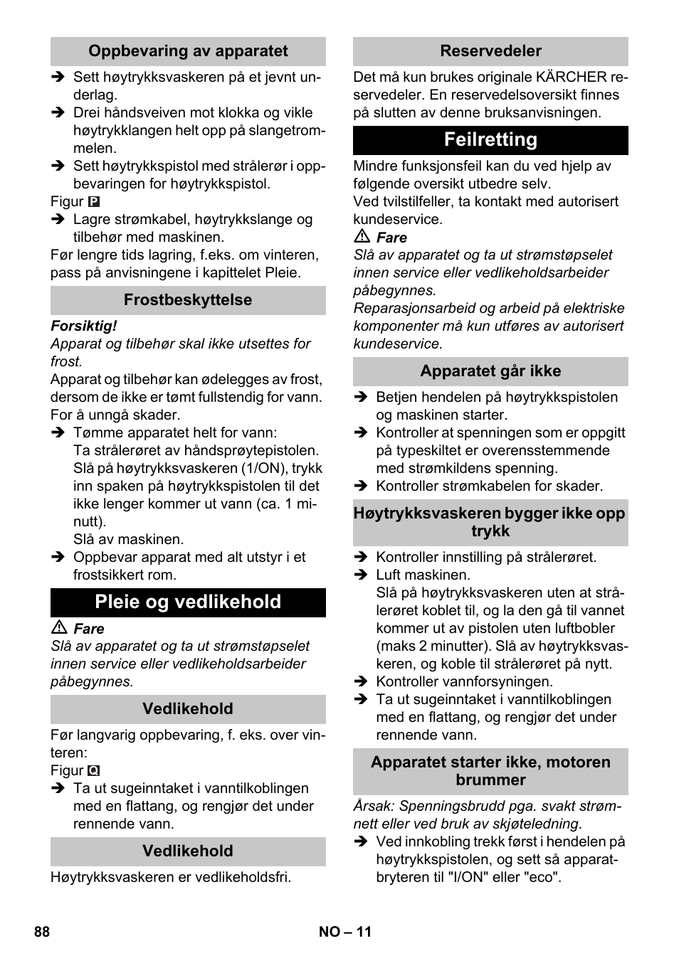 Pleie og vedlikehold, Feilretting | Karcher K 7 Premium eco!ogic Home User Manual | Page 88 / 264