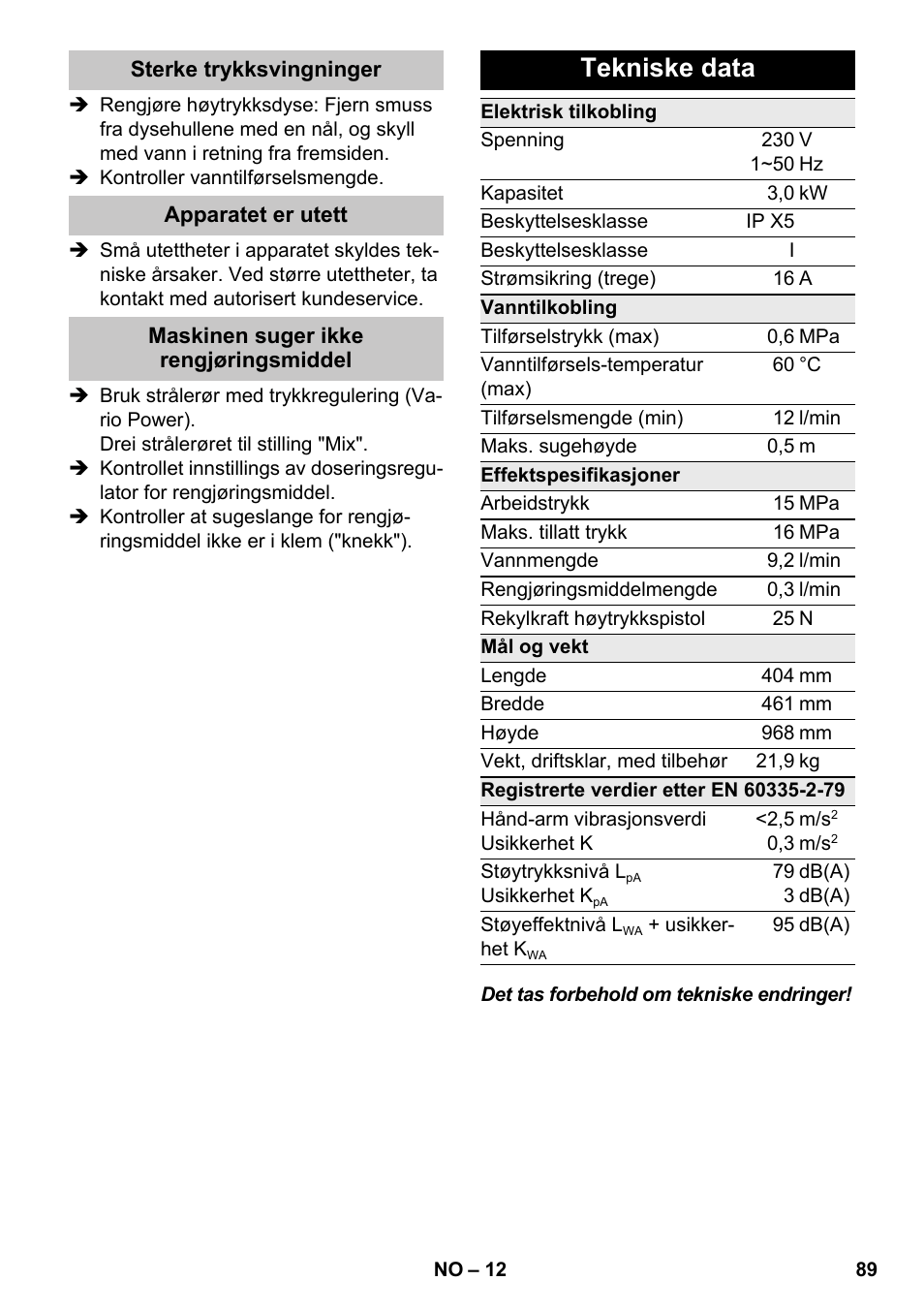 Tekniske data | Karcher K 7 Premium eco!ogic Home User Manual | Page 89 / 264