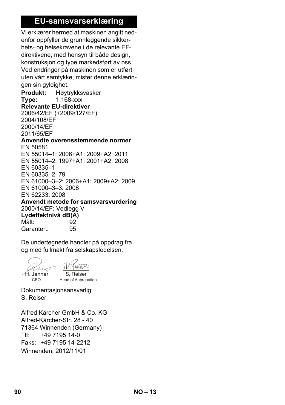 Eu-samsvarserklæring | Karcher K 7 Premium eco!ogic Home User Manual | Page 90 / 264