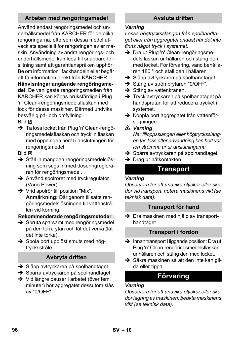 Transport, Förvaring | Karcher K 7 Premium eco!ogic Home User Manual | Page 96 / 264