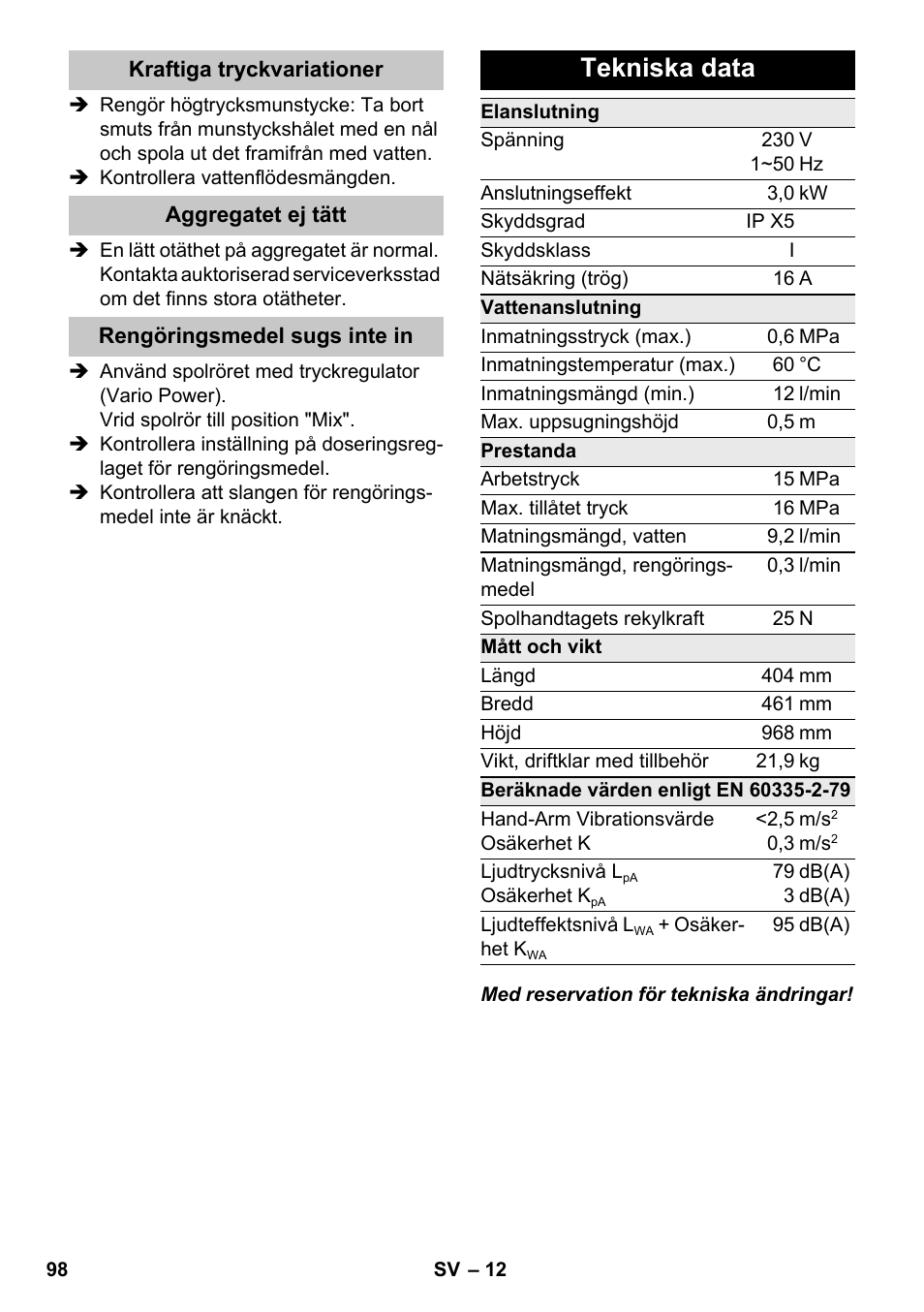 Tekniska data | Karcher K 7 Premium eco!ogic Home User Manual | Page 98 / 264