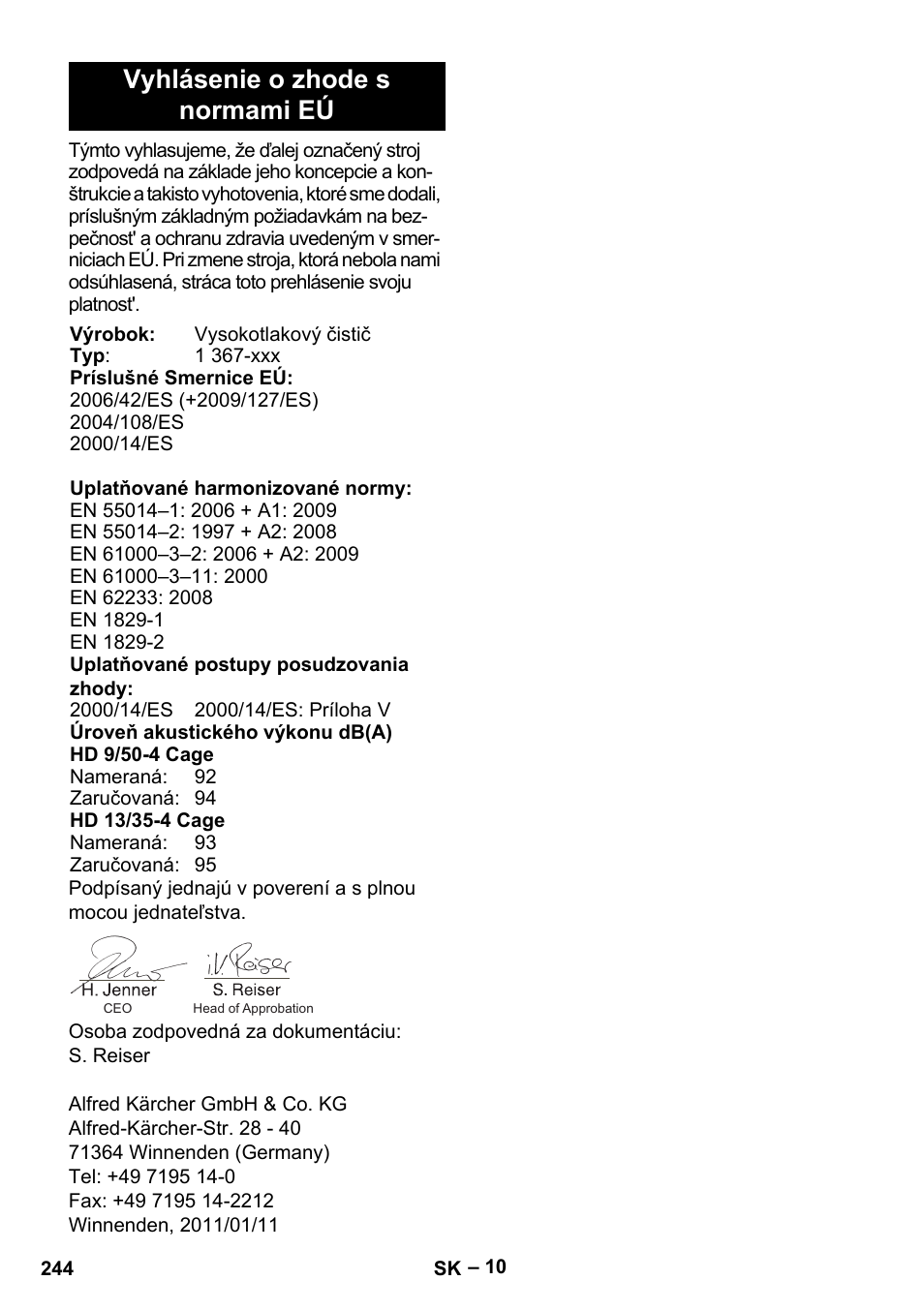 Vyhlásenie o zhode s normami eú | Karcher HD 13-35-4 User Manual | Page 244 / 344