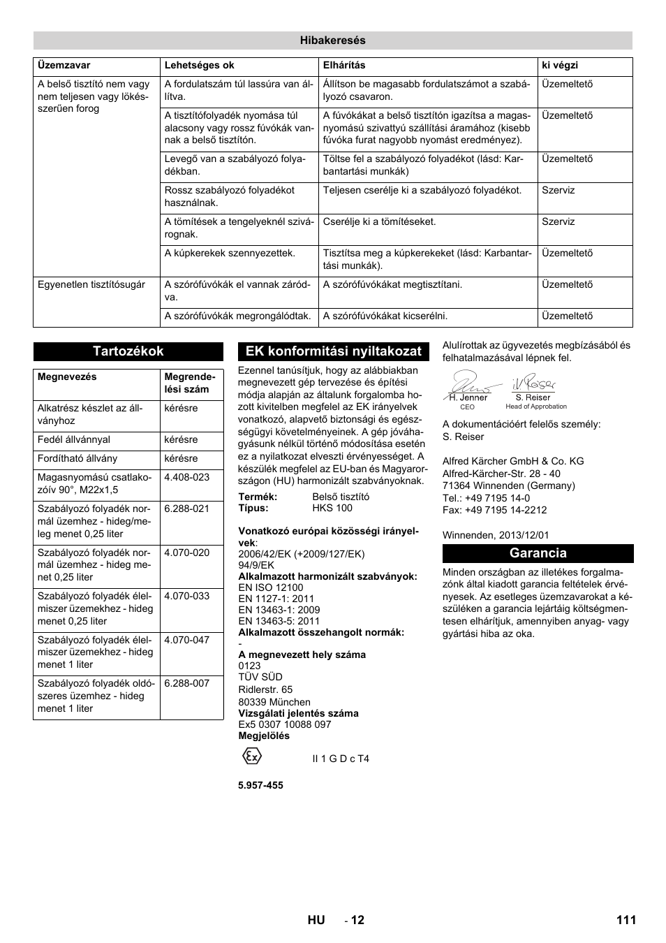 Hibakeresés, Tartozékok, Ek konformitási nyiltakozat | Garancia | Karcher HKS 100 LM User Manual | Page 111 / 124