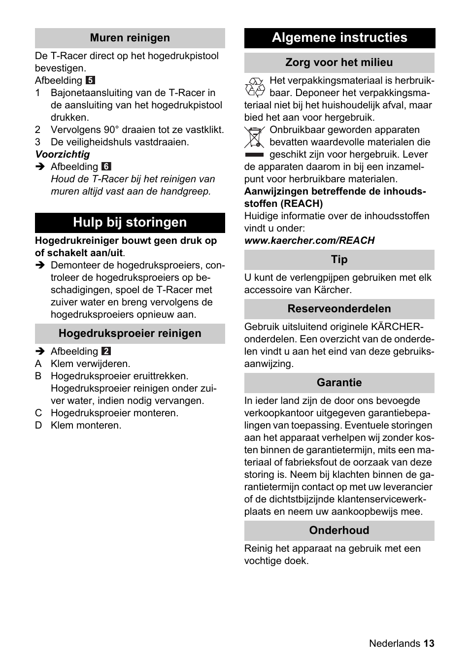 Hulp bij storingen, Algemene instructies | Karcher K 4 Premium eco!ogic Home User Manual | Page 13 / 64