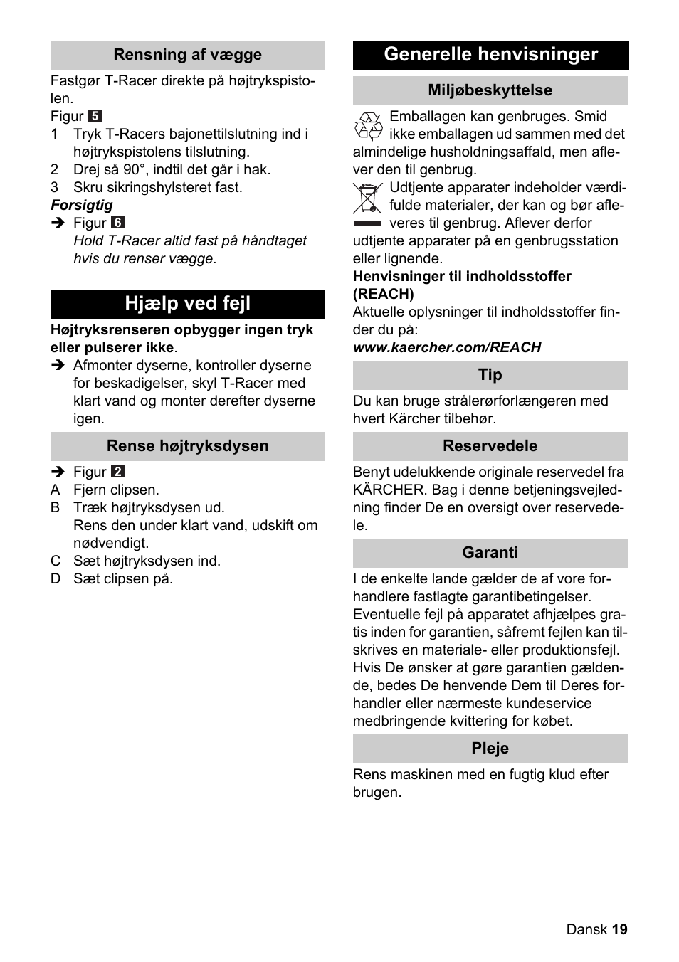 Hjælp ved fejl, Generelle henvisninger | Karcher K 4 Premium eco!ogic Home User Manual | Page 19 / 64