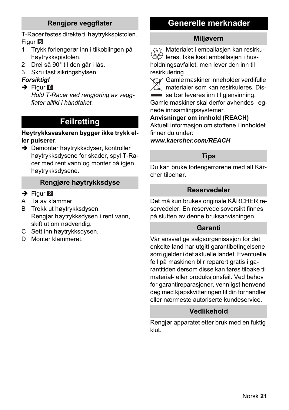 Feilretting, Generelle merknader | Karcher K 4 Premium eco!ogic Home User Manual | Page 21 / 64