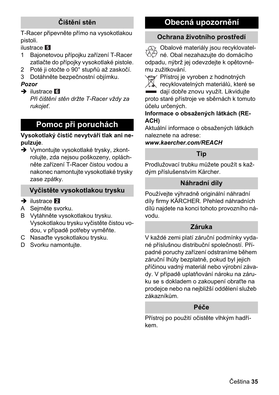 Pomoc při poruchách, Obecná upozornění | Karcher K 4 Premium eco!ogic Home User Manual | Page 35 / 64