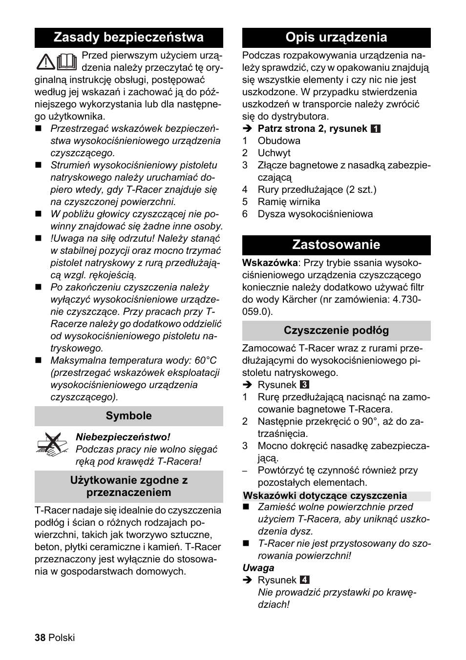 Obj_doku-100010-001, Zasady bezpieczeństwa, Opis urządzenia zastosowanie | Karcher K 4 Premium eco!ogic Home User Manual | Page 38 / 64