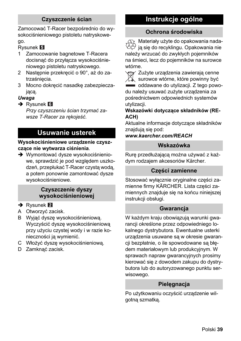 Usuwanie usterek, Instrukcje ogólne | Karcher K 4 Premium eco!ogic Home User Manual | Page 39 / 64