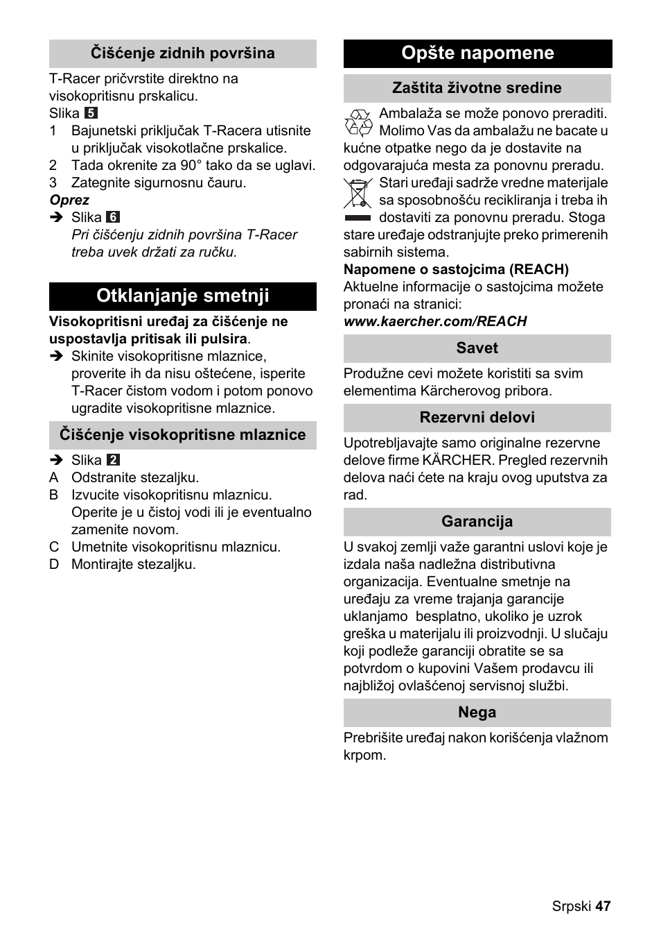 Otklanjanje smetnji, Opšte napomene | Karcher K 4 Premium eco!ogic Home User Manual | Page 47 / 64