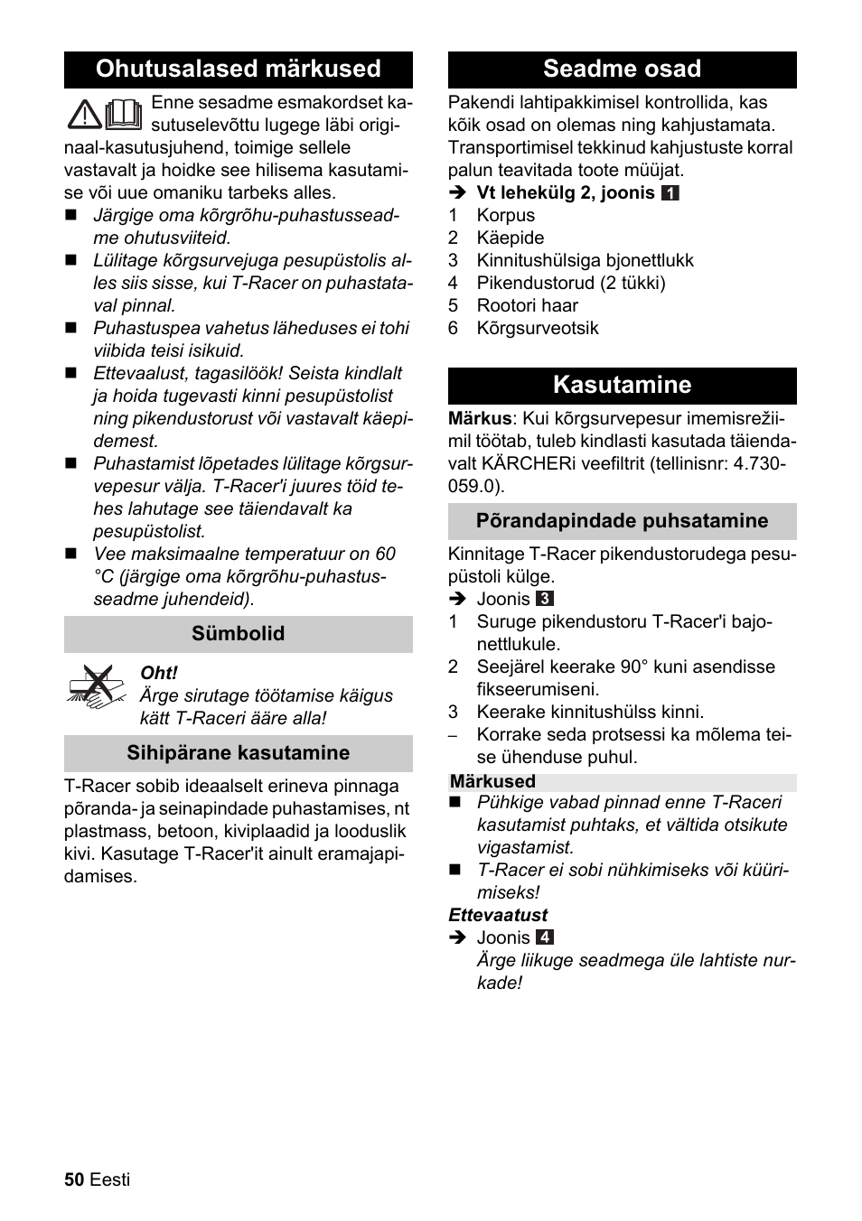 Obj_doku-100016-001, Ohutusalased märkused, Seadme osad kasutamine | Karcher K 4 Premium eco!ogic Home User Manual | Page 50 / 64
