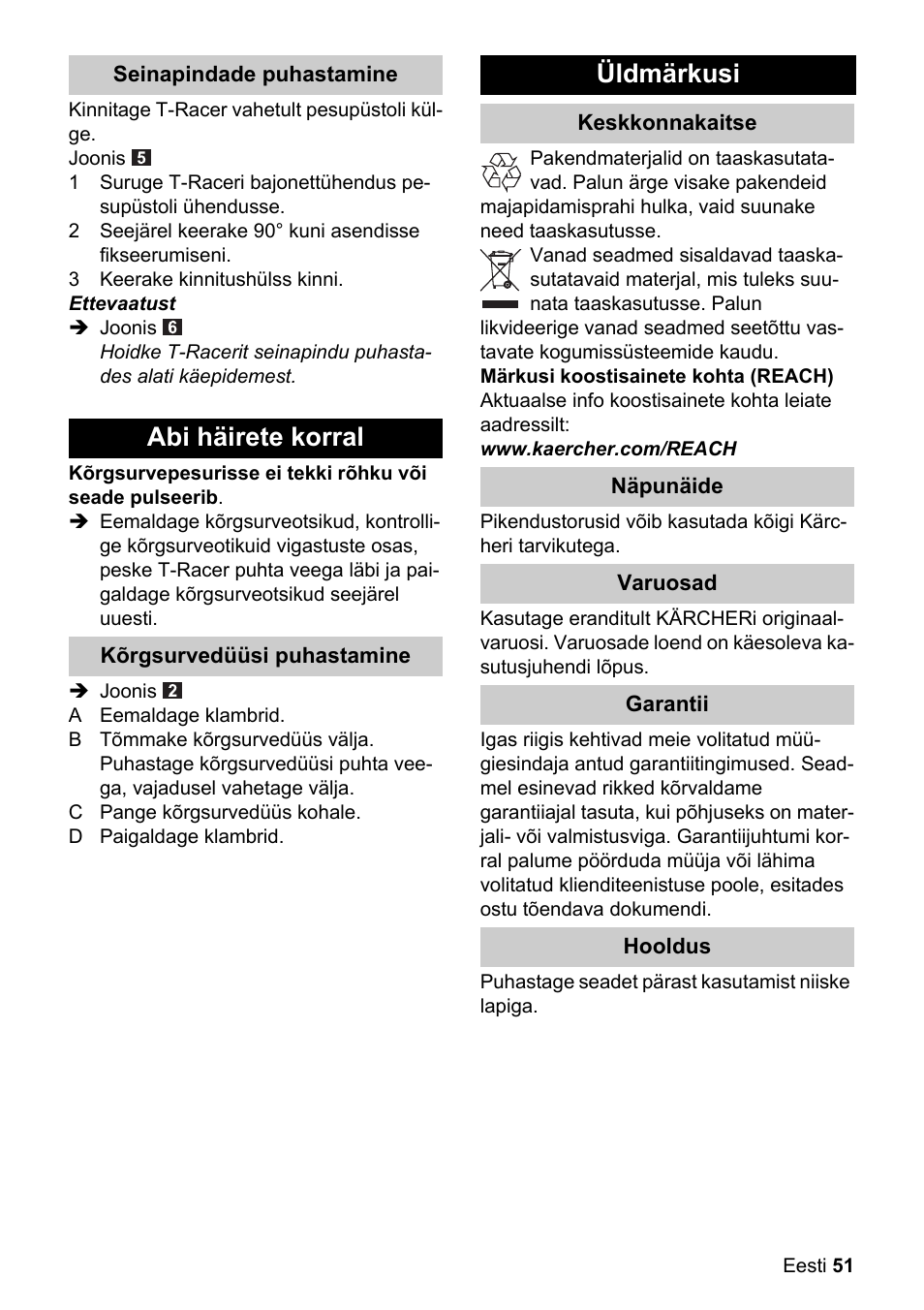 Abi häirete korral, Üldmärkusi | Karcher K 4 Premium eco!ogic Home User Manual | Page 51 / 64