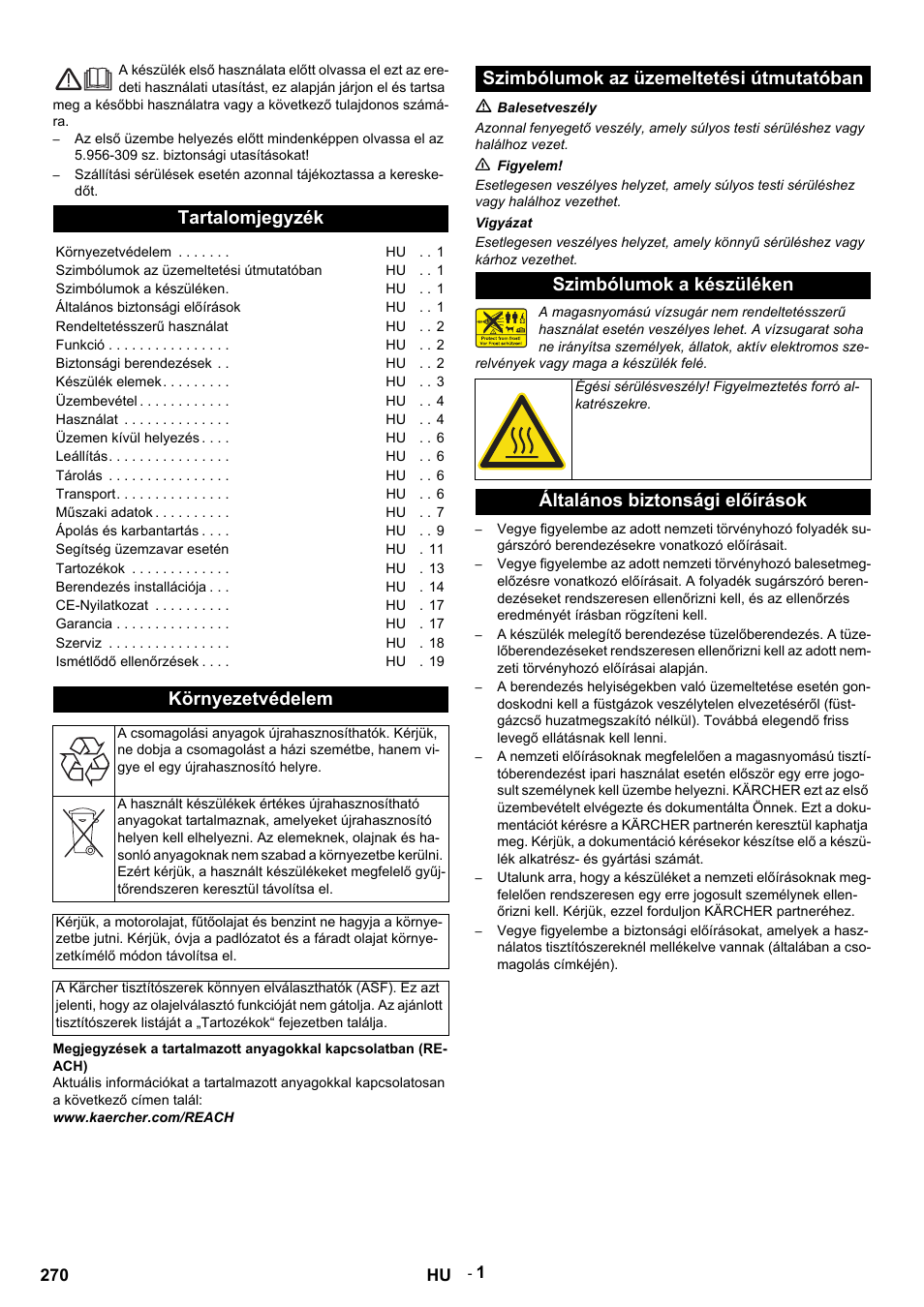 Magyar, Tartalomjegyzék, Környezetvédelem | Általános biztonsági előírások | Karcher HDS 9-14-4 ST Eco User Manual | Page 270 / 444
