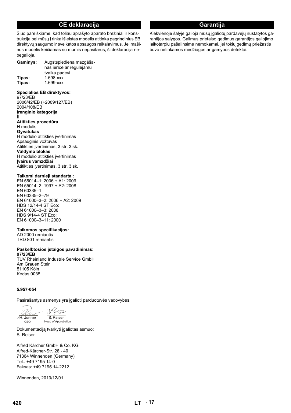 Ce deklaracija, Garantija | Karcher HDS 9-14-4 ST Eco User Manual | Page 420 / 444
