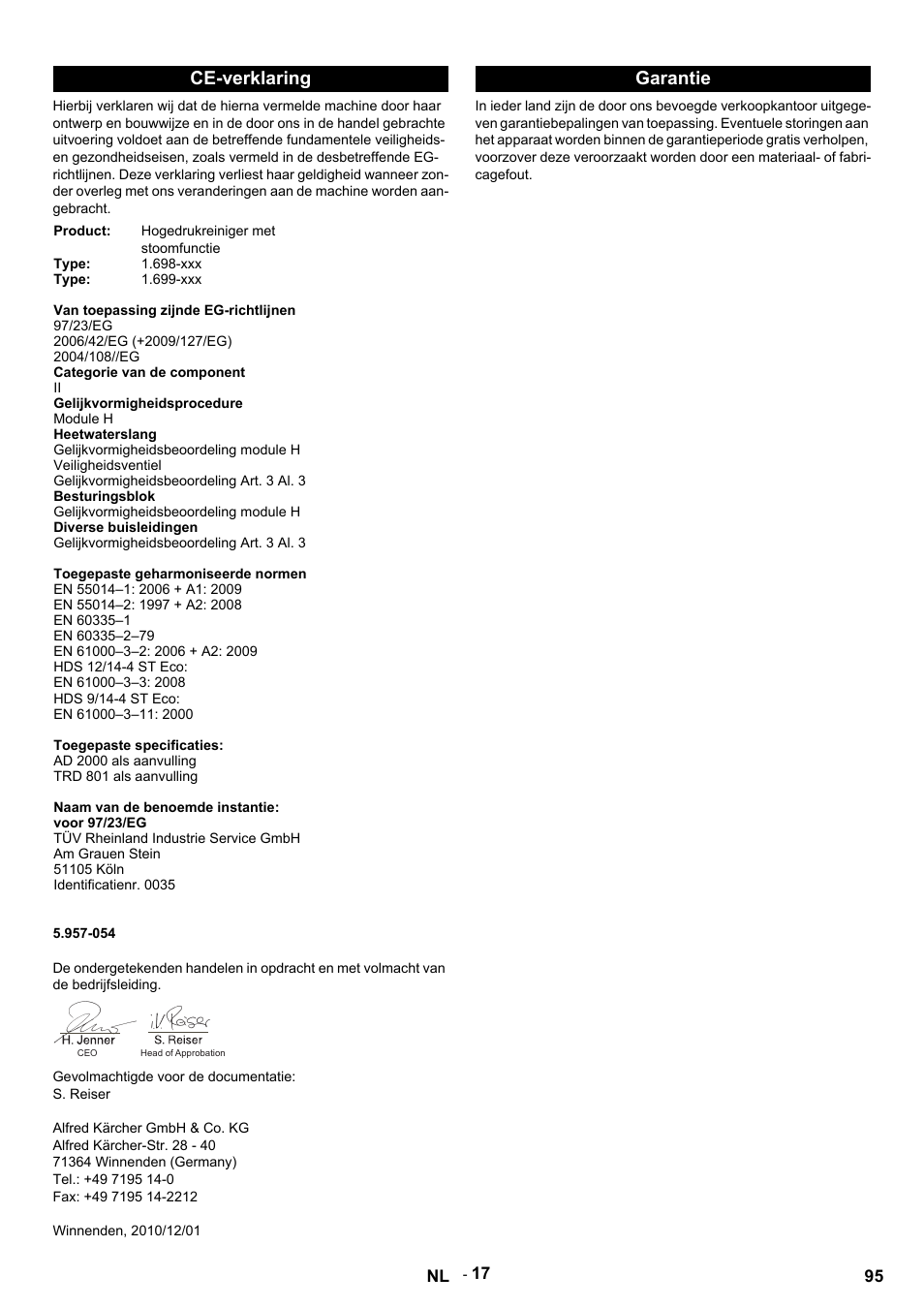 Ce-verklaring, Garantie | Karcher HDS 9-14-4 ST Eco User Manual | Page 95 / 444