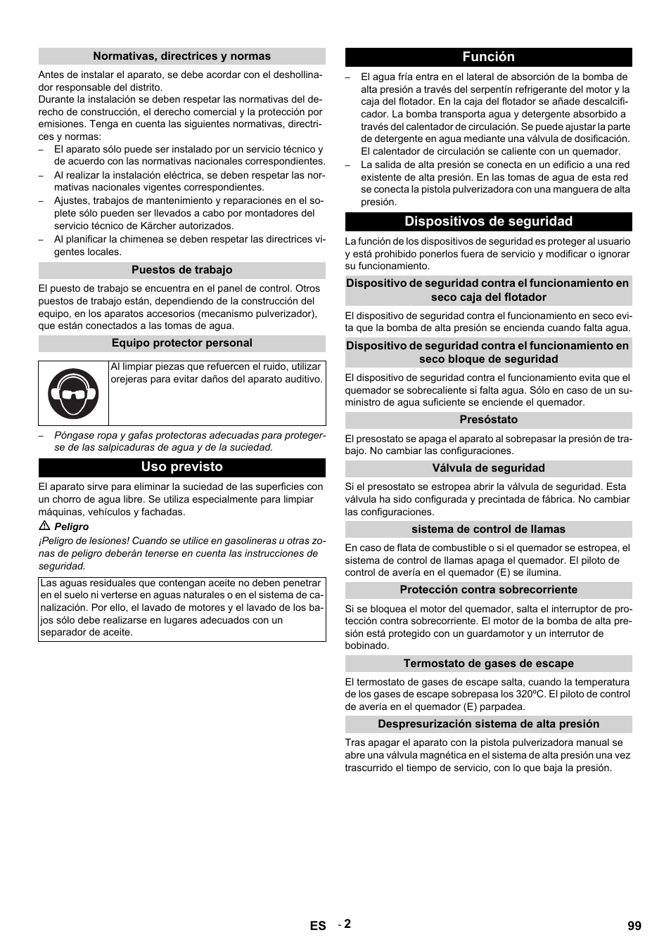Uso previsto, Función dispositivos de seguridad | Karcher HDS 9-14-4 ST Eco User Manual | Page 99 / 444