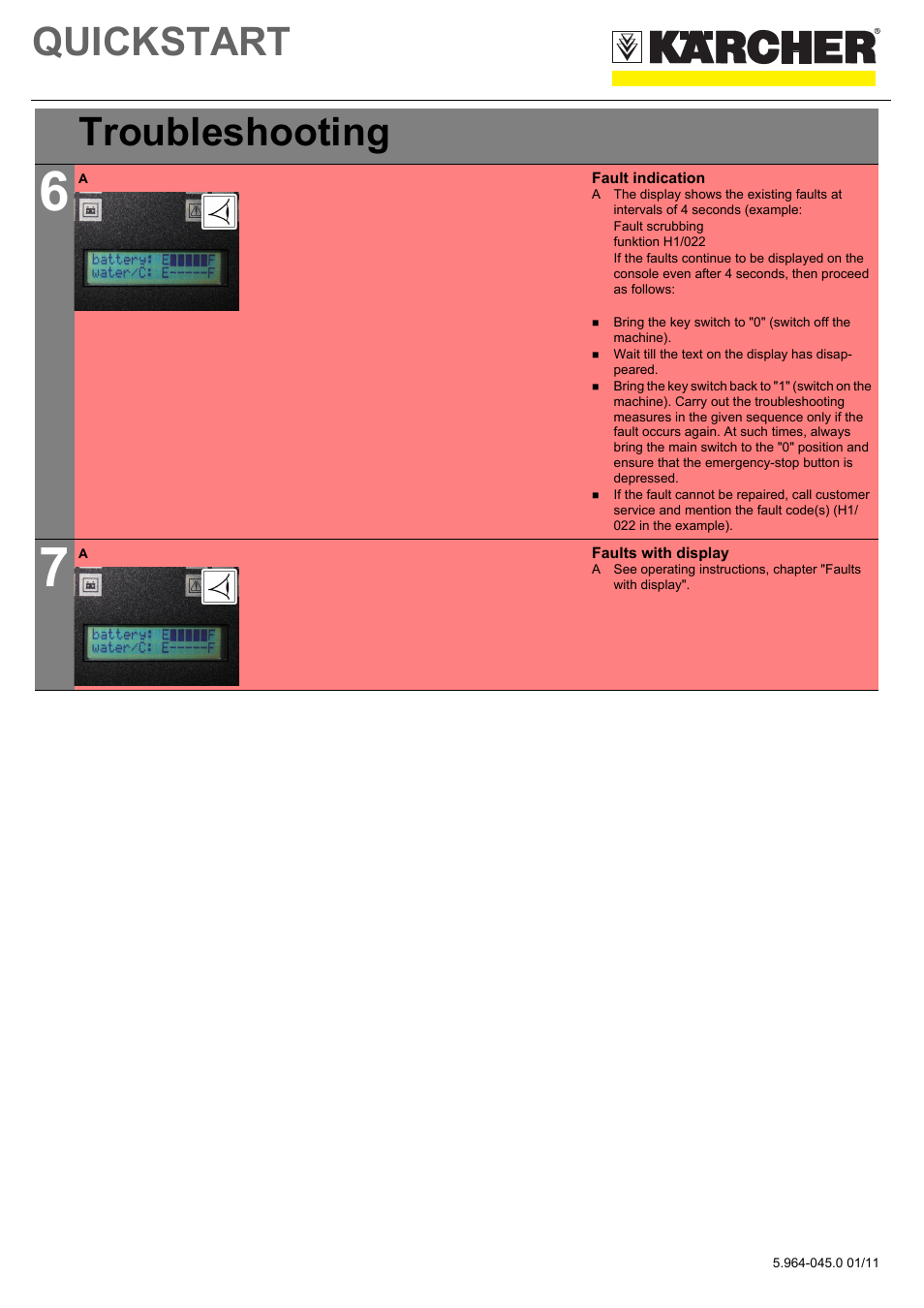 Tabellenreihe, Grafik, Fault indication | Fault scrubbing, Funktion h1/022, Wait till the text on the display has disappeared, Faults with display, Quickstart, Troubleshooting | Karcher BR 120-250 R Bp Pack роликовая User Manual | Page 8 / 8