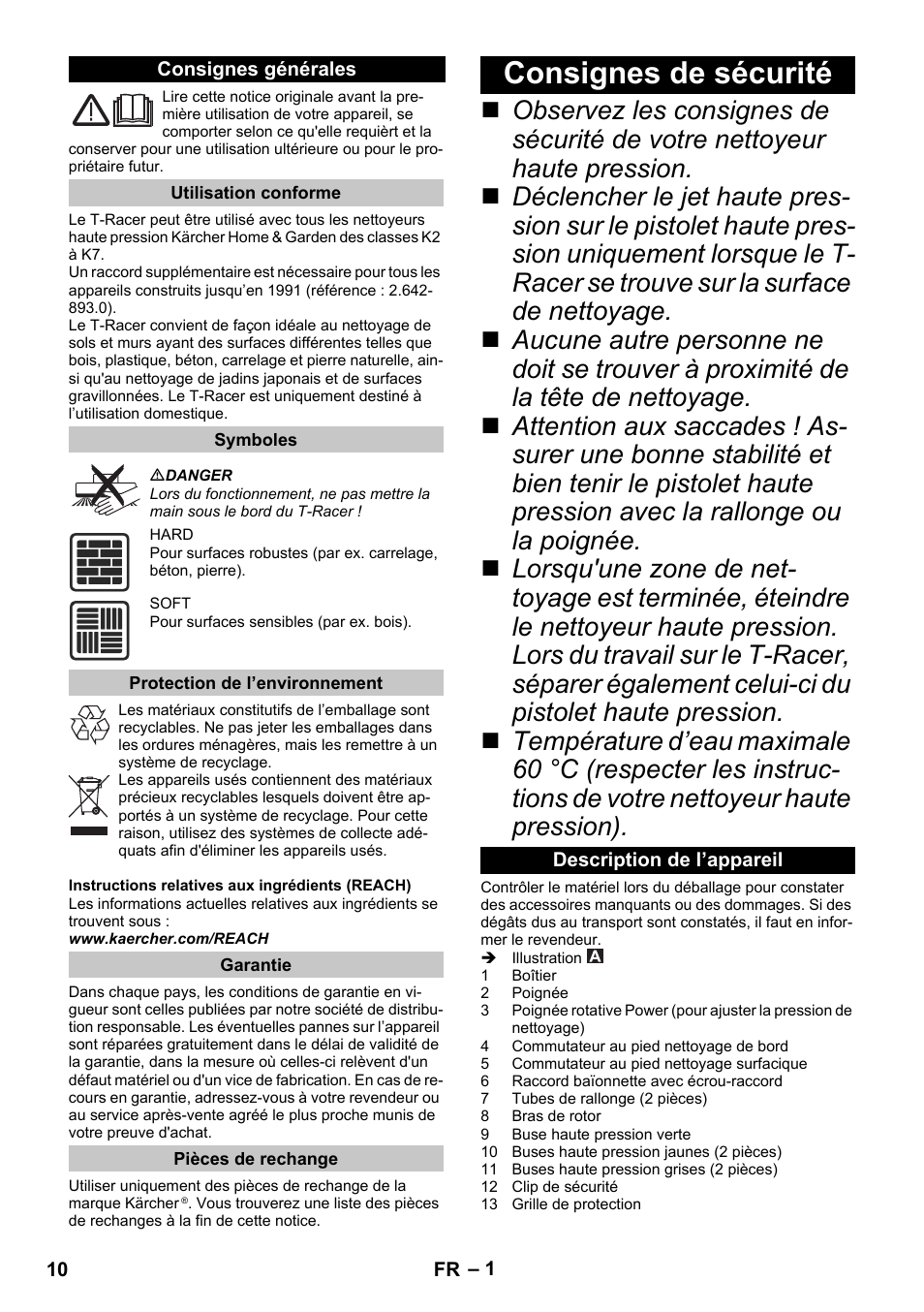 Français, Consignes générales, Utilisation conforme | Symboles, Protection de l’environnement, Garantie, Pièces de rechange, Consignes de sécurité, Description de l’appareil | Karcher K 7 Premium eco!ogic Home User Manual | Page 10 / 96