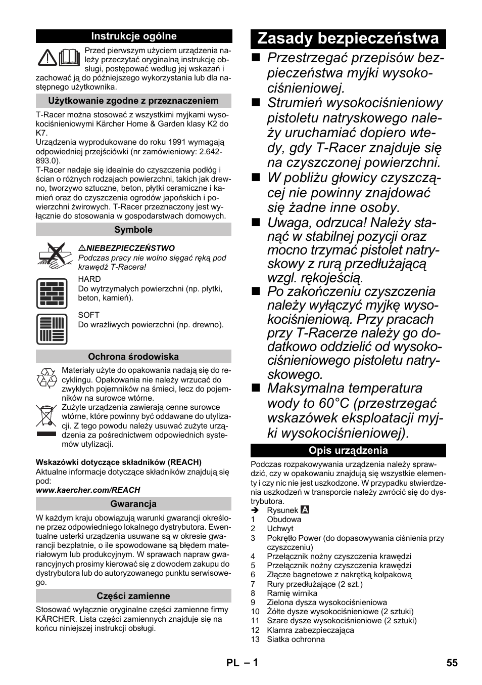 Polski, Instrukcje ogólne, Użytkowanie zgodne z przeznaczeniem | Symbole, Ochrona środowiska, Gwarancja, Części zamienne, Zasady bezpieczeństwa, Opis urządzenia | Karcher K 7 Premium eco!ogic Home User Manual | Page 55 / 96