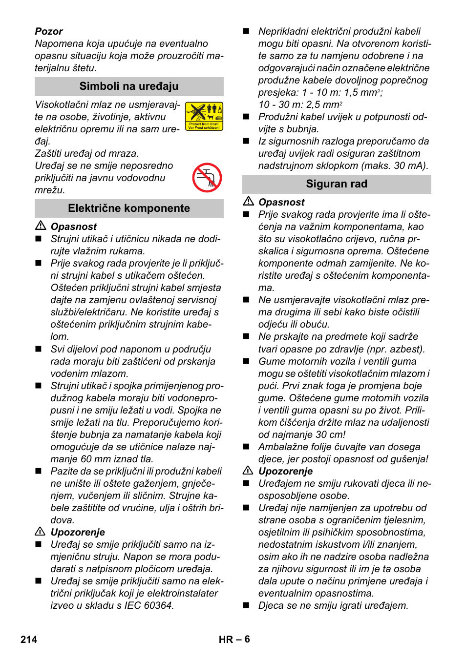 Simboli na uređaju, Električne komponente, Siguran rad | Karcher K 4 Premium eco!ogic Home User Manual | Page 214 / 286