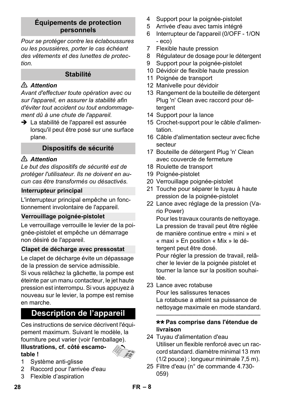 Équipements de protection personnels, Stabilité, Dispositifs de sécurité | Interrupteur principal, Verrouillage poignée-pistolet, Clapet de décharge avec pressostat, Description de l’appareil | Karcher K 4 Premium eco!ogic Home User Manual | Page 28 / 286