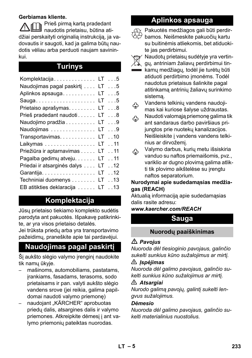 Lietuviškai, Turinys, Komplektacija | Naudojimas pagal paskirtį, Aplinkos apsauga, Sauga, Nuorodų paaiškinimas | Karcher K 5 Basic User Manual | Page 233 / 254