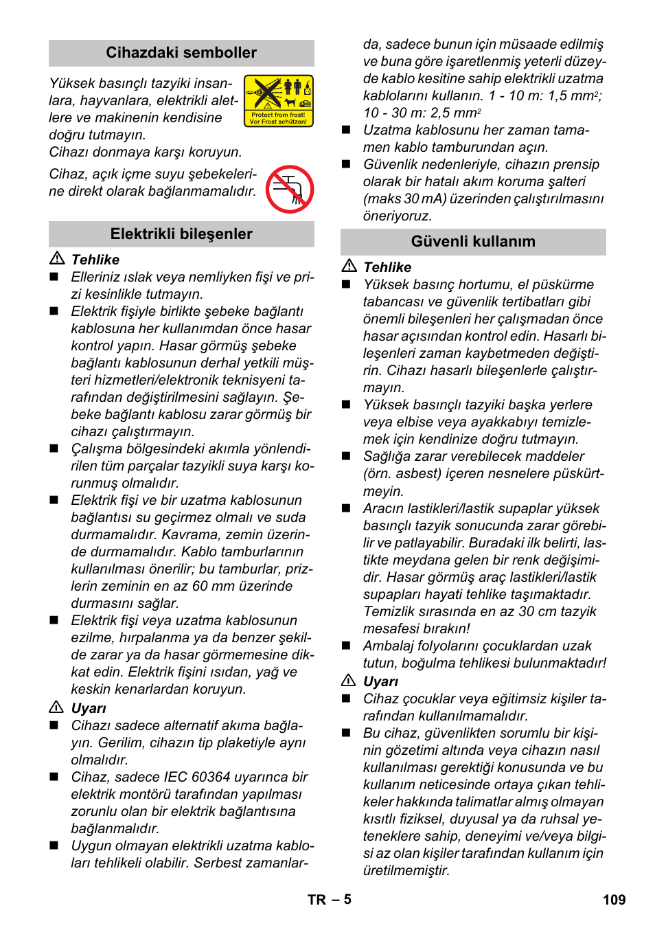 Cihazdaki semboller, Elektrikli bileşenler, Güvenli kullanım | Karcher K 2 Car User Manual | Page 109 / 252
