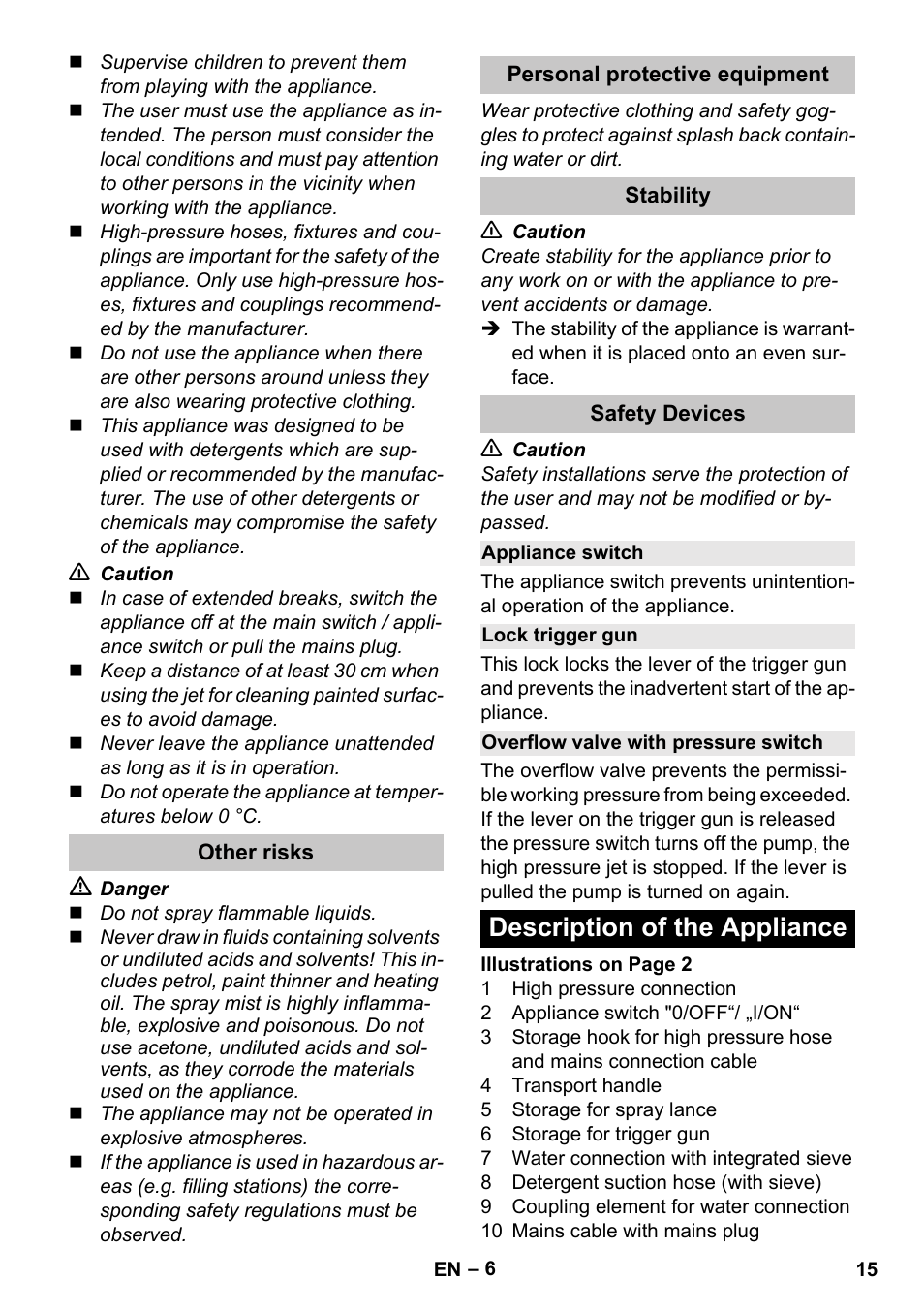 Other risks, Personal protective equipment, Stability | Safety devices, Appliance switch, Lock trigger gun, Overflow valve with pressure switch, Description of the appliance | Karcher K 2 Car User Manual | Page 15 / 252