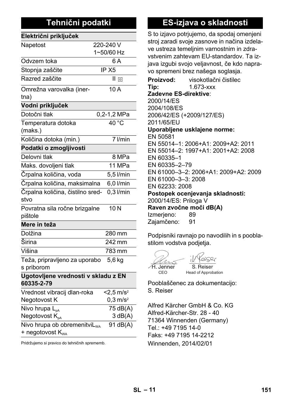 Tehnični podatki, Es-izjava o skladnosti | Karcher K 2 Car User Manual | Page 151 / 252