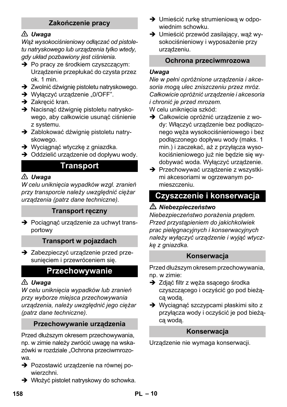 Zakończenie pracy, Transport, Transport ręczny | Transport w pojazdach, Przechowywanie, Przechowywanie urządzenia, Ochrona przeciwmrozowa, Czyszczenie i konserwacja, Konserwacja | Karcher K 2 Car User Manual | Page 158 / 252