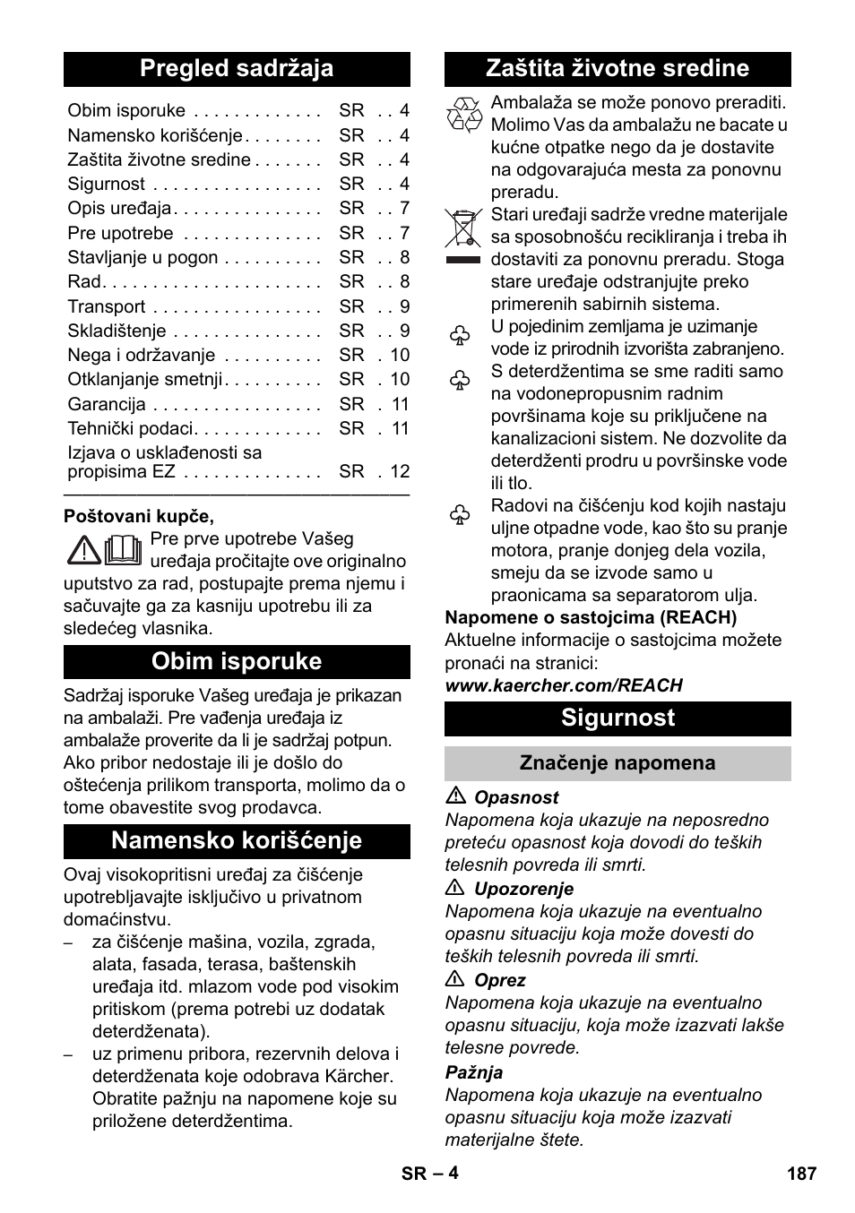 Srpski, Pregled sadržaja, Obim isporuke | Namensko korišćenje, Zaštita životne sredine, Sigurnost, Značenje napomena | Karcher K 2 Car User Manual | Page 187 / 252
